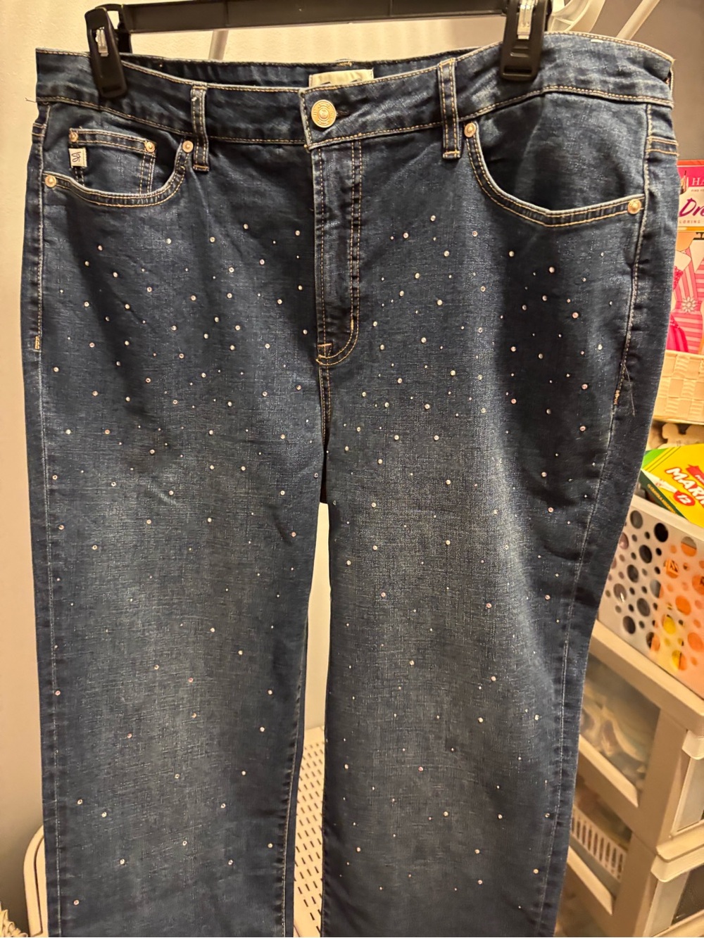 Seven7 Dark Blue Straight Leg Jeans with Rhinestone Accents